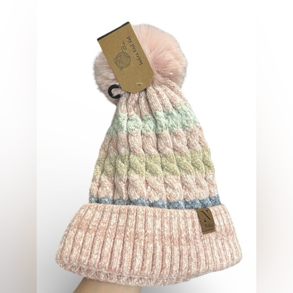 Accessories - Cozy Knit Pom-Pom Beanie — Soft Pastel Stripes, Winter Hat, New